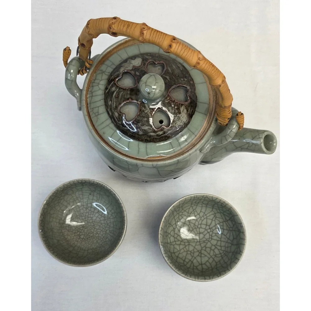 Japanese Crackle Glaze Celadon Tea Set Bamboo Handle Teapot and 2 Cups Heart Cut